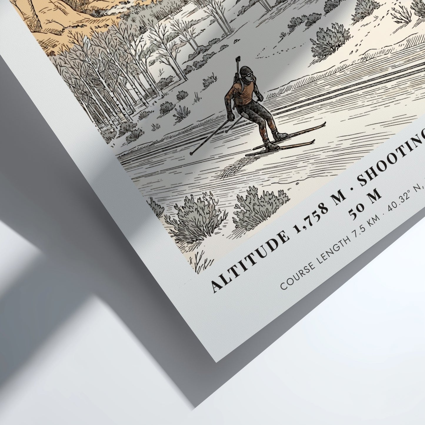 Poster showing a biathlon athlete skiing through a snowy landscape with mountain peaks.