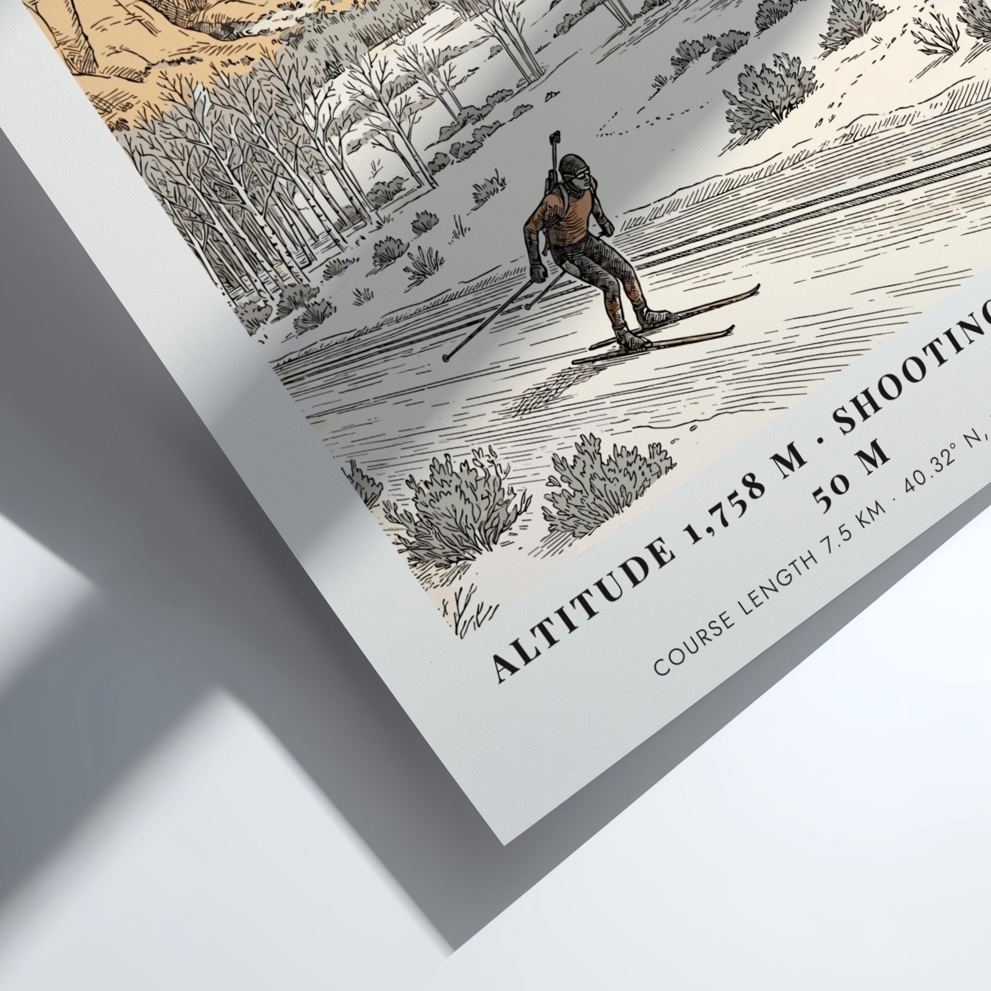 Poster showing a biathlon athlete skiing through a snowy landscape with mountain peaks.