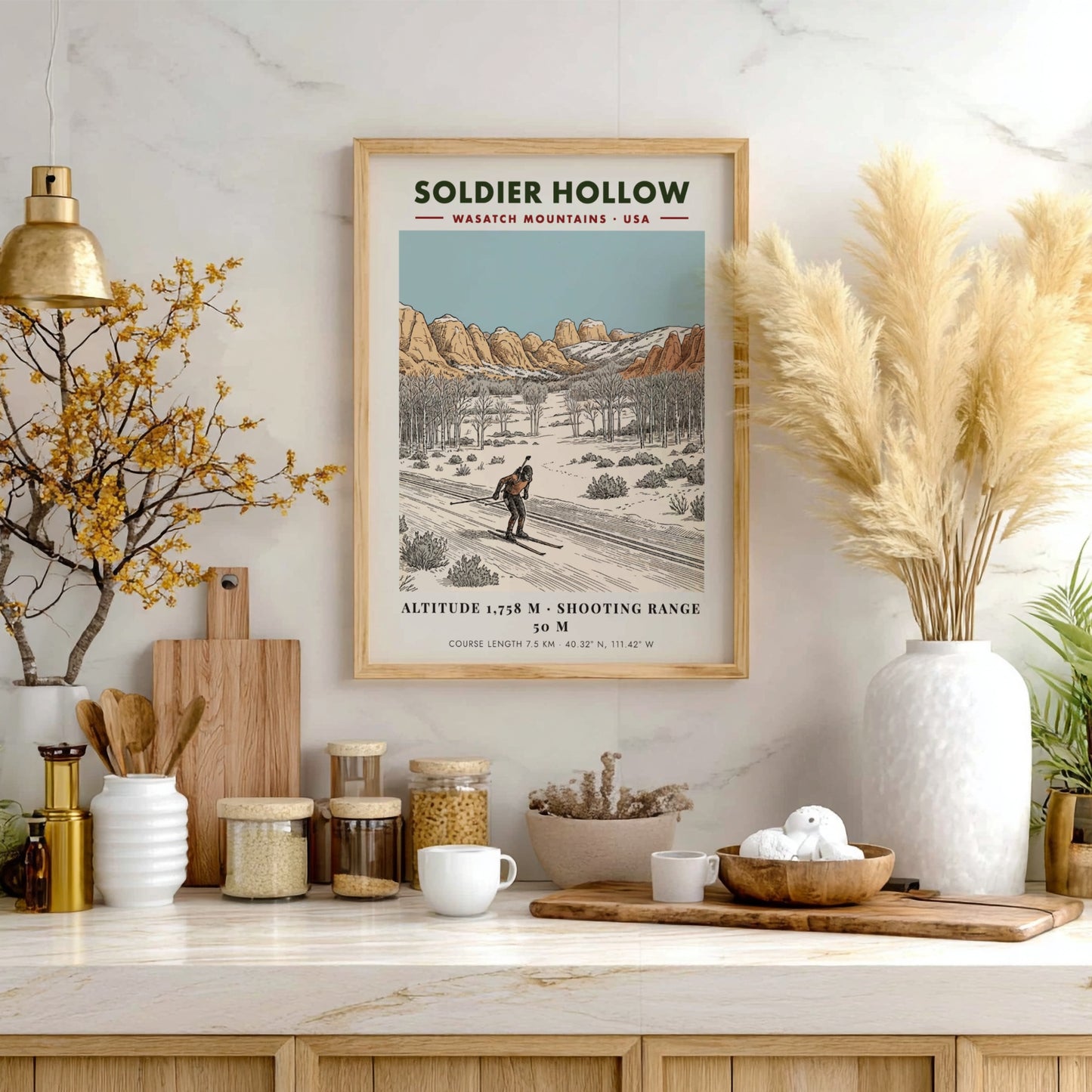 Poster showing a biathlon athlete skiing through a snowy landscape with mountain peaks.