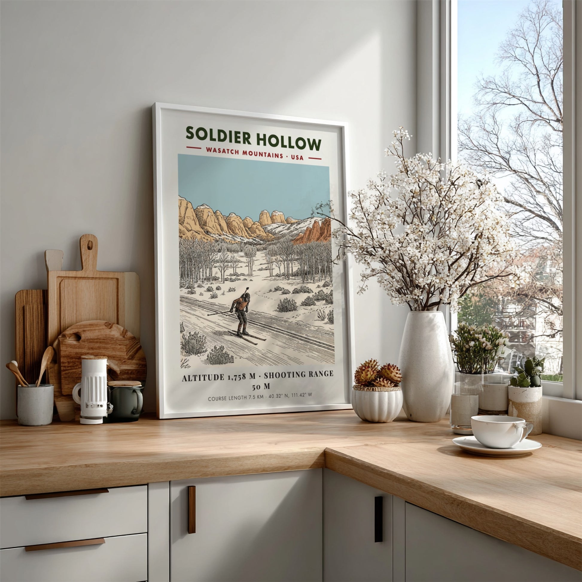 Poster showing a biathlon athlete skiing through a snowy landscape with mountain peaks.