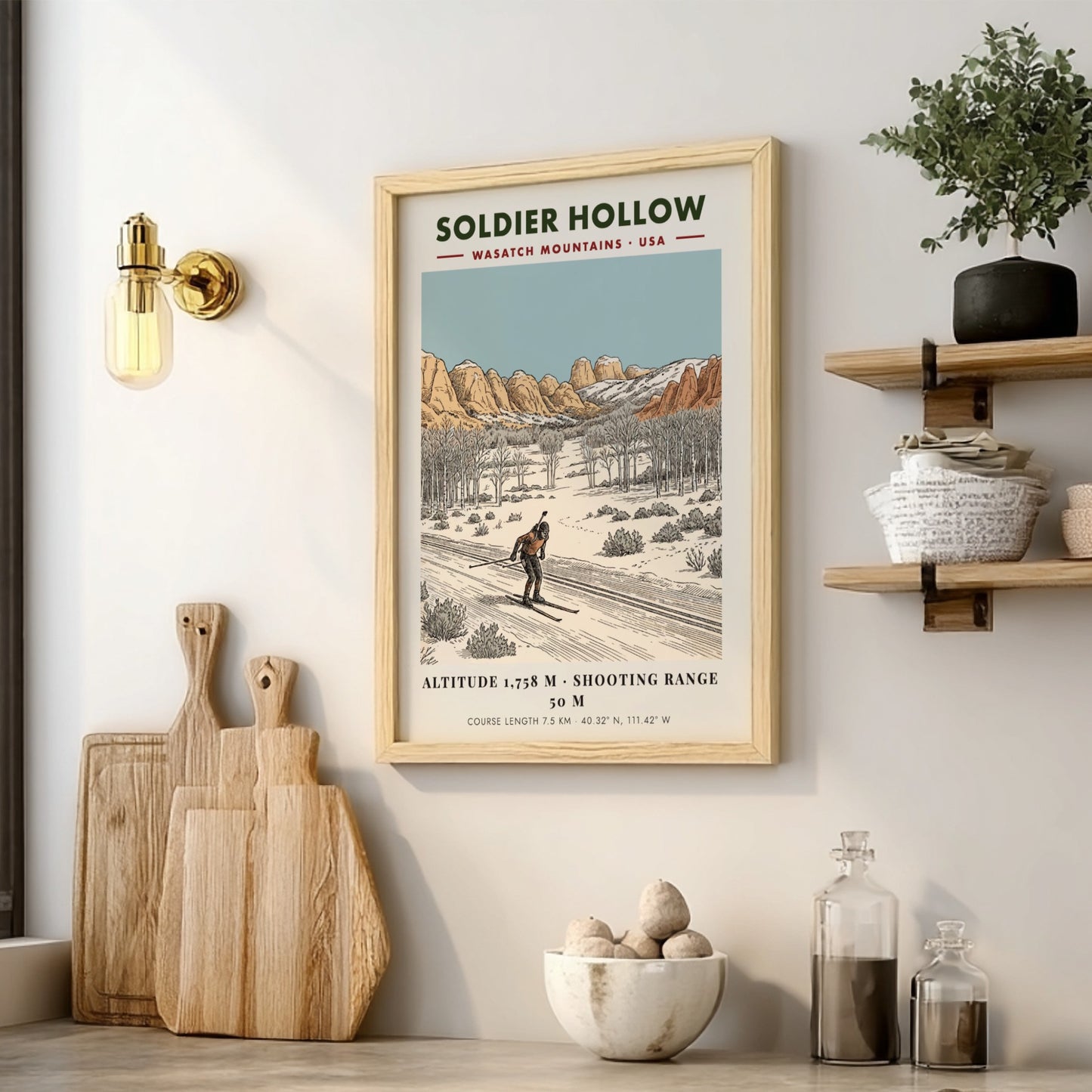 Poster showing a biathlon athlete skiing through a snowy landscape with mountain peaks.