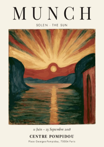 Edvard Munch poster featuring vibrant sunset over water in expressionist style