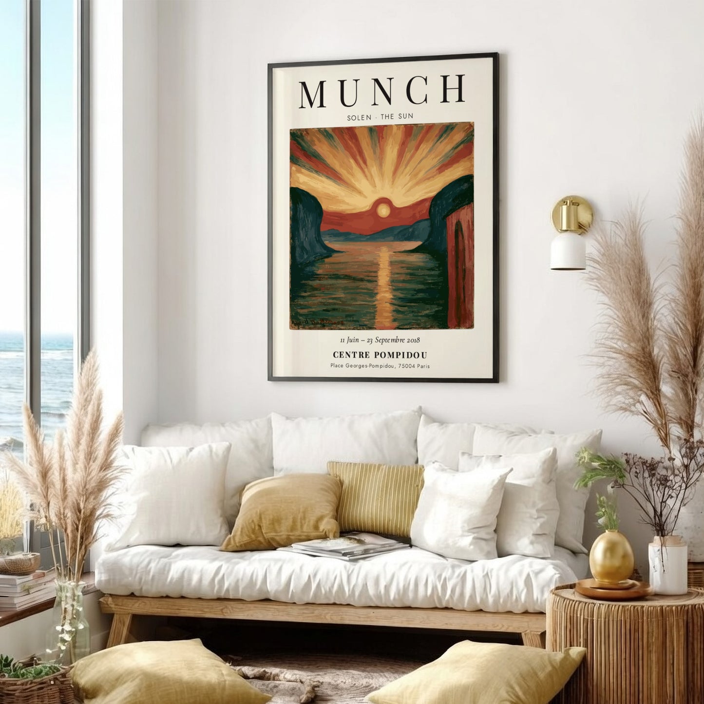 Edvard Munch poster featuring vibrant sunset over water in expressionist style