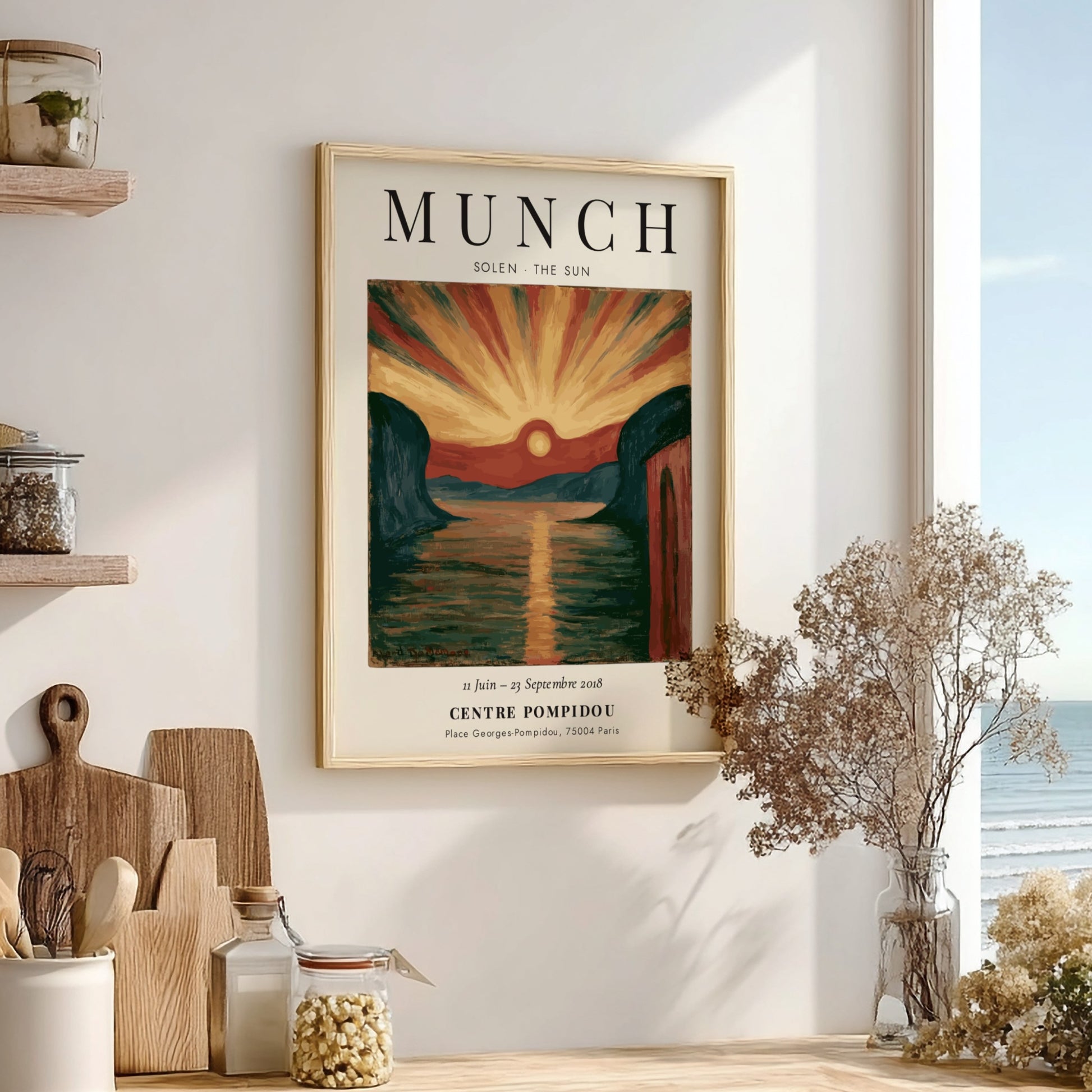 Edvard Munch poster featuring vibrant sunset over water in expressionist style
