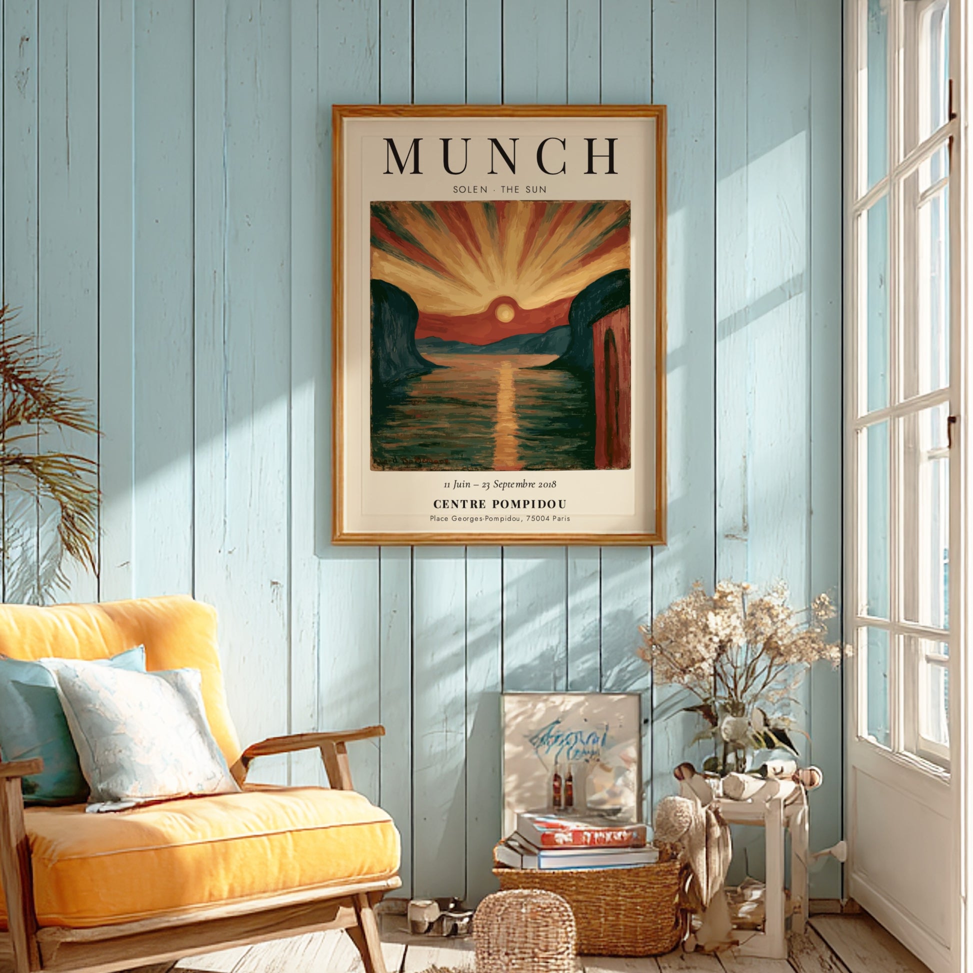 Edvard Munch poster featuring vibrant sunset over water in expressionist style