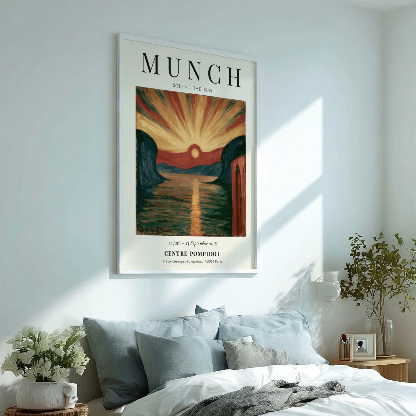 Edvard Munch poster featuring vibrant sunset over water in expressionist style