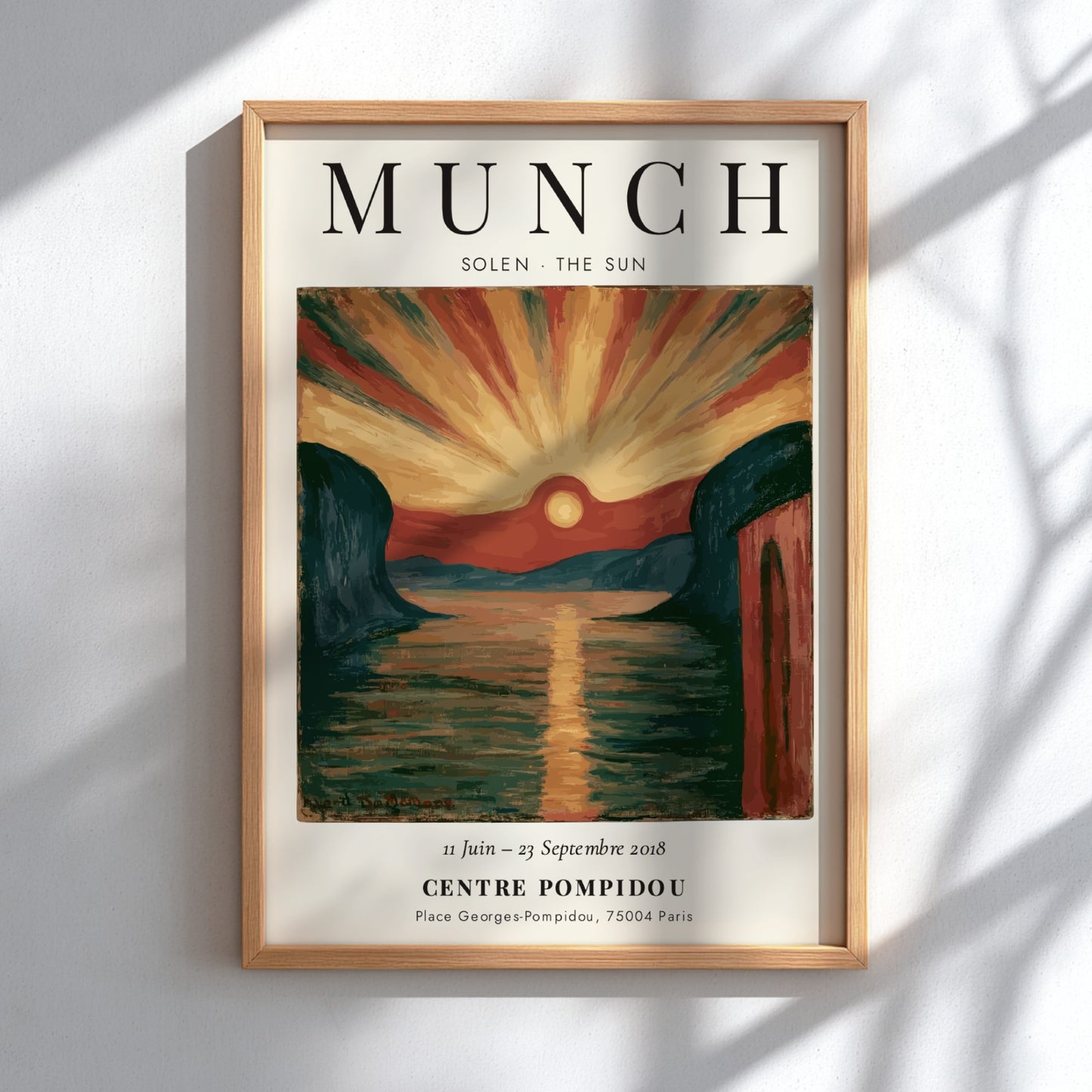Edvard Munch poster featuring vibrant sunset over water in expressionist style