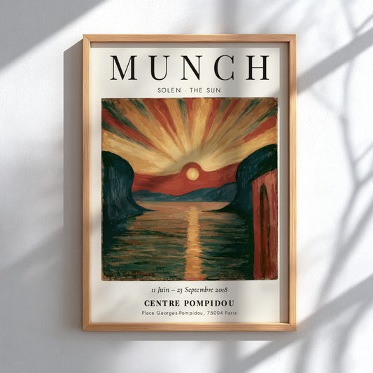 Edvard Munch poster featuring vibrant sunset over water in expressionist style