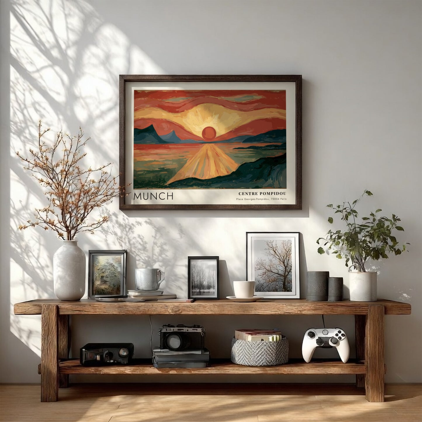 Munch Centre Pompidou exhibition poster featuring a glowing red sun over dark water