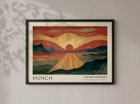 Munch Centre Pompidou exhibition poster featuring a glowing red sun over dark water