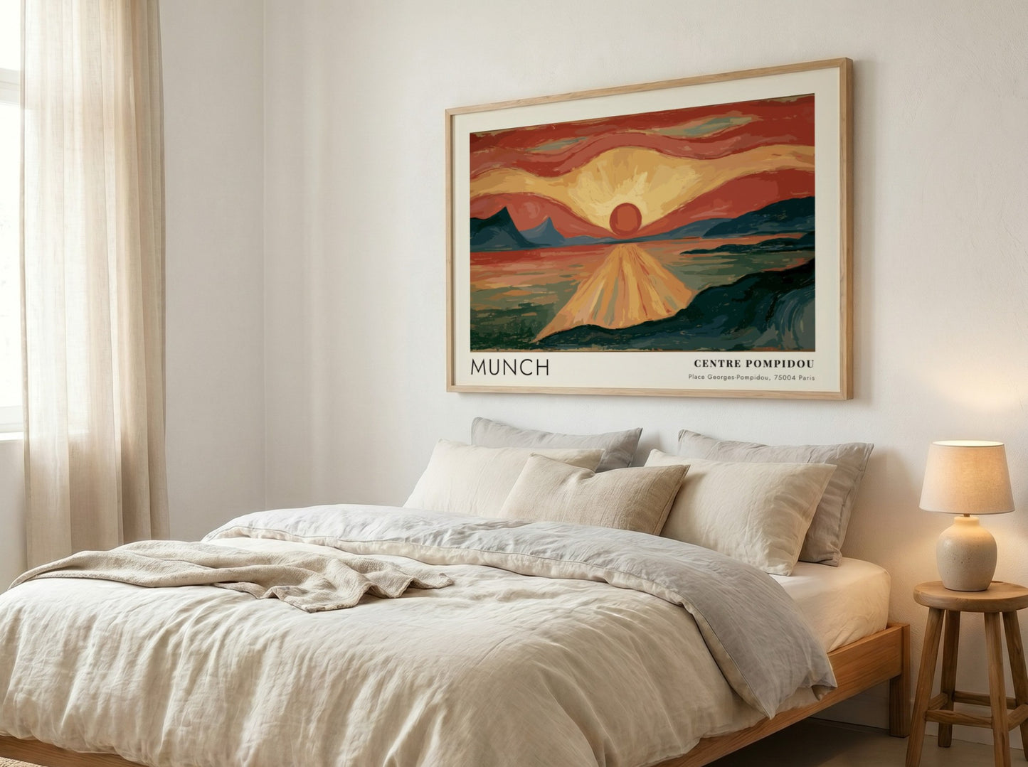 Munch Centre Pompidou exhibition poster featuring a glowing red sun over dark water