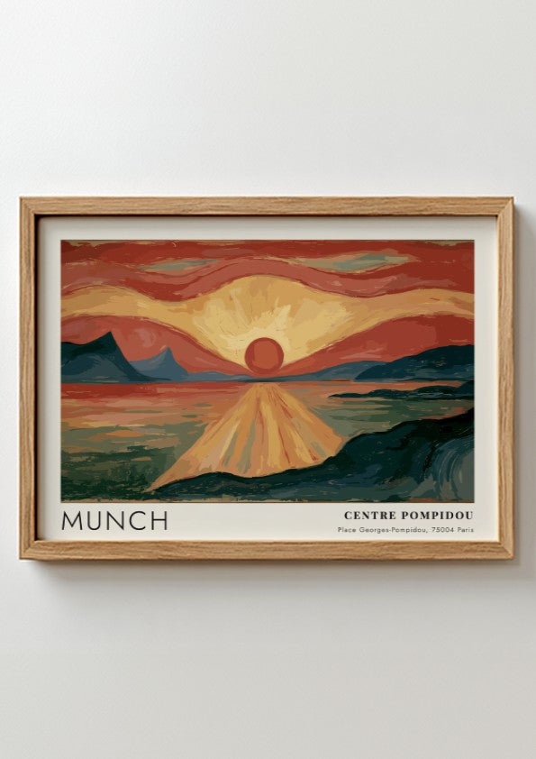 Munch Centre Pompidou exhibition poster featuring a glowing red sun over dark water