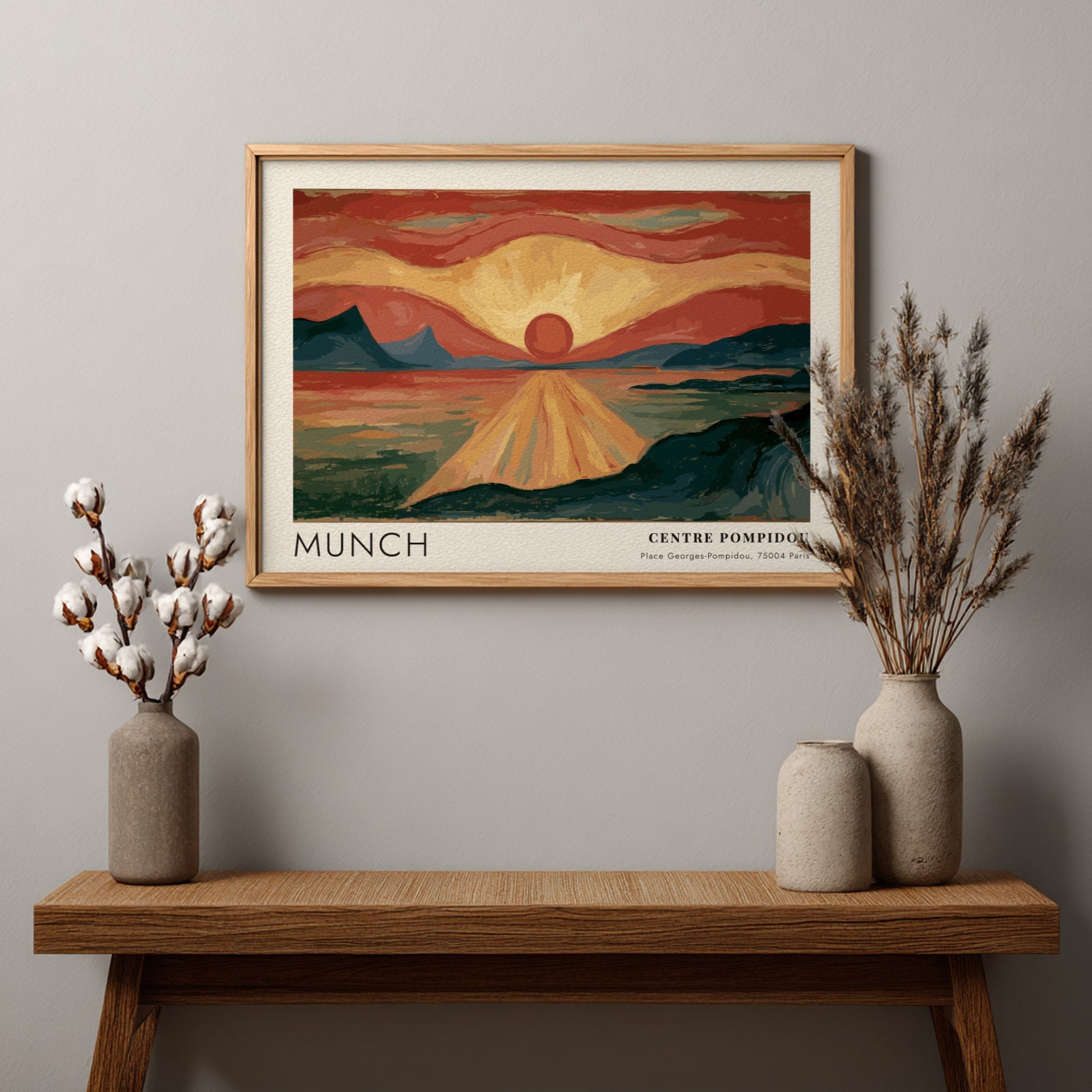 Munch Centre Pompidou exhibition poster featuring a glowing red sun over dark water