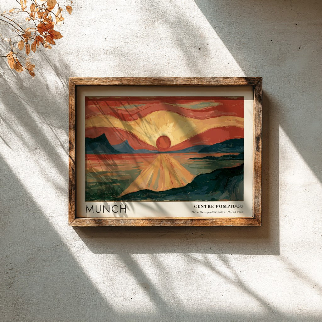 Munch Centre Pompidou exhibition poster featuring a glowing red sun over dark water