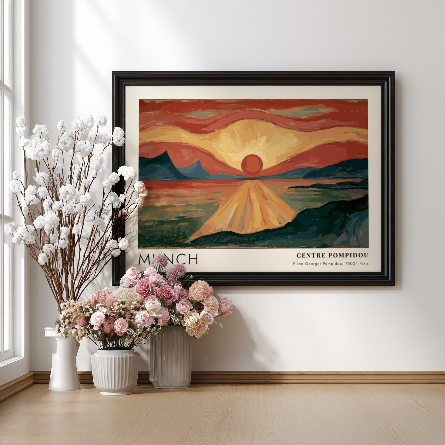 Munch Centre Pompidou exhibition poster featuring a glowing red sun over dark water