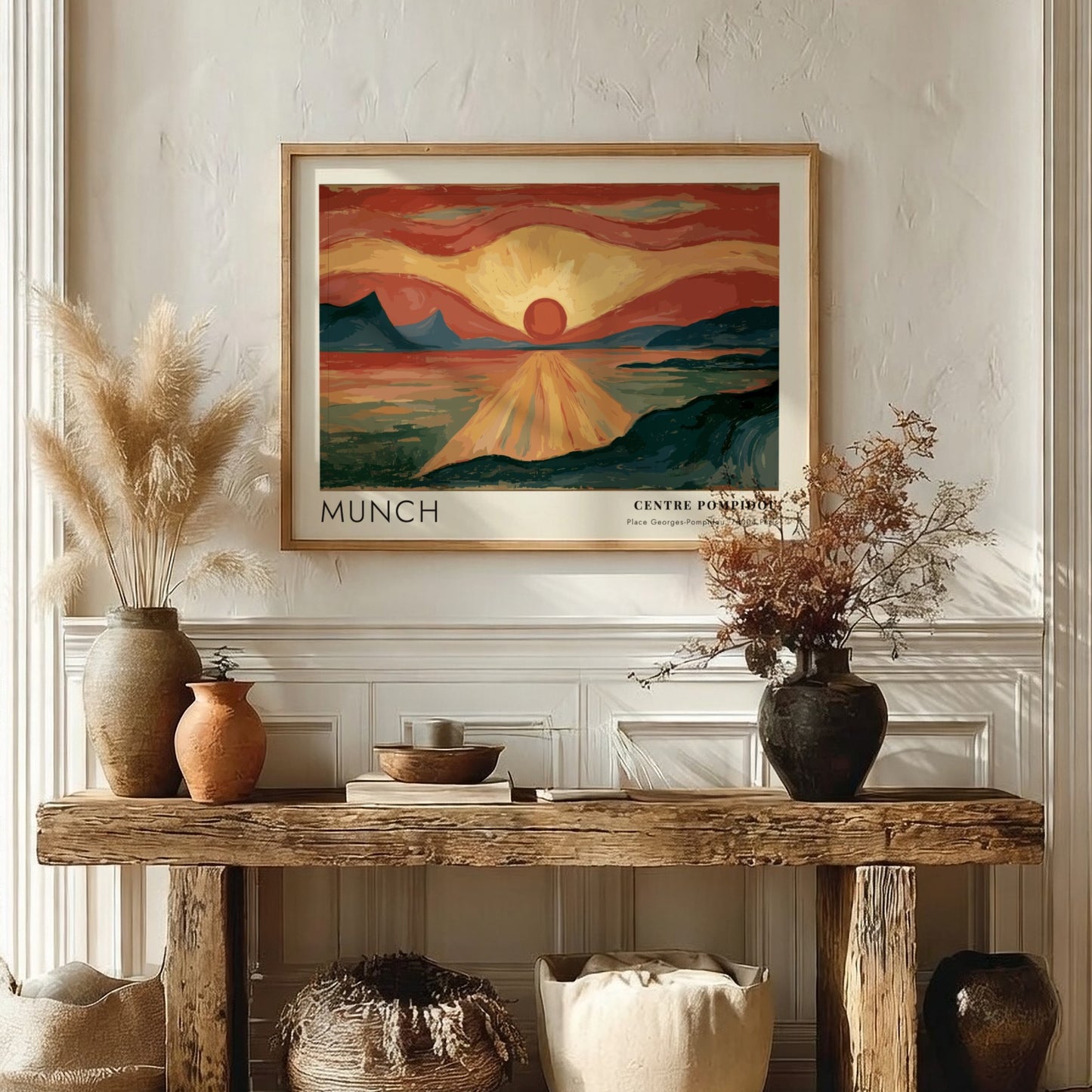 Munch Centre Pompidou exhibition poster featuring a glowing red sun over dark water
