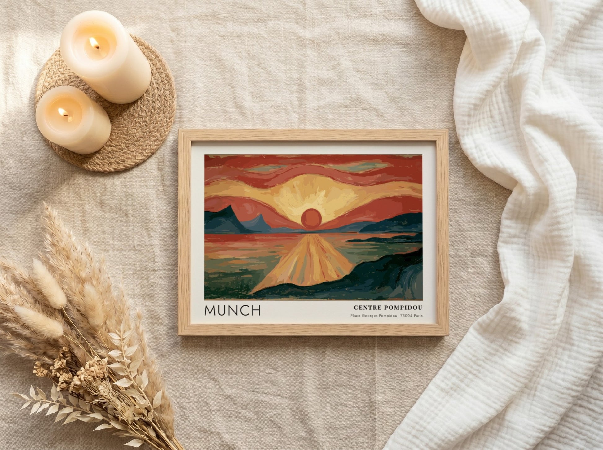 Munch Centre Pompidou exhibition poster featuring a glowing red sun over dark water