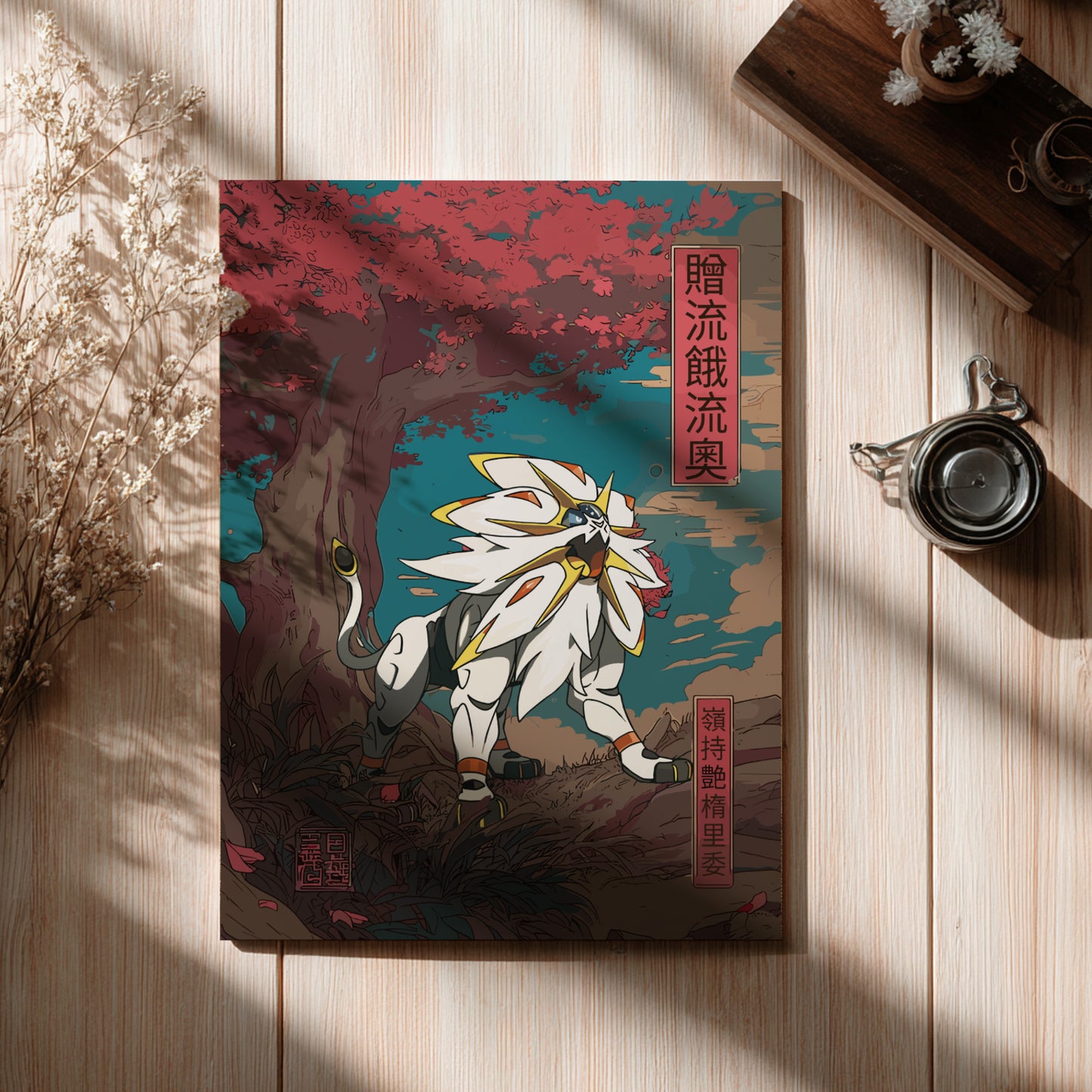 Poster with a colorful illustration of a Solgaleo Pokemon character on a wooden surface with a teacup and dried flowers.
