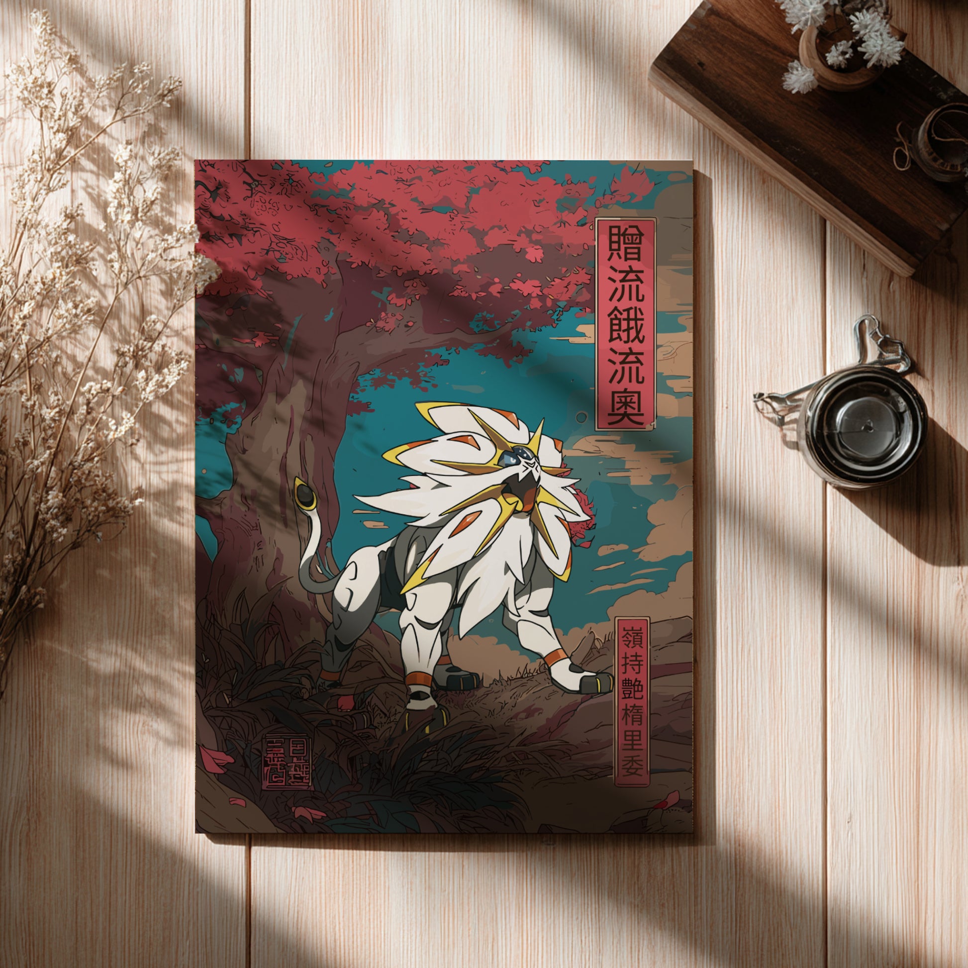 Poster with a colorful illustration of a Solgaleo Pokemon character on a wooden surface with a teacup and dried flowers.