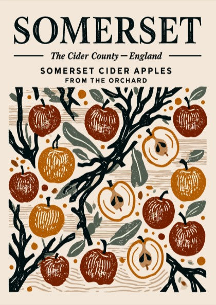 Kitchen poster featuring Somerset cider apples in warm colors, vintage style, and orchard theme.