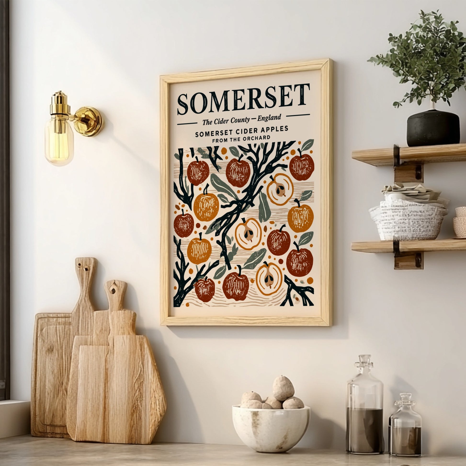 Kitchen poster featuring Somerset cider apples in warm colors, vintage style, and orchard theme.
