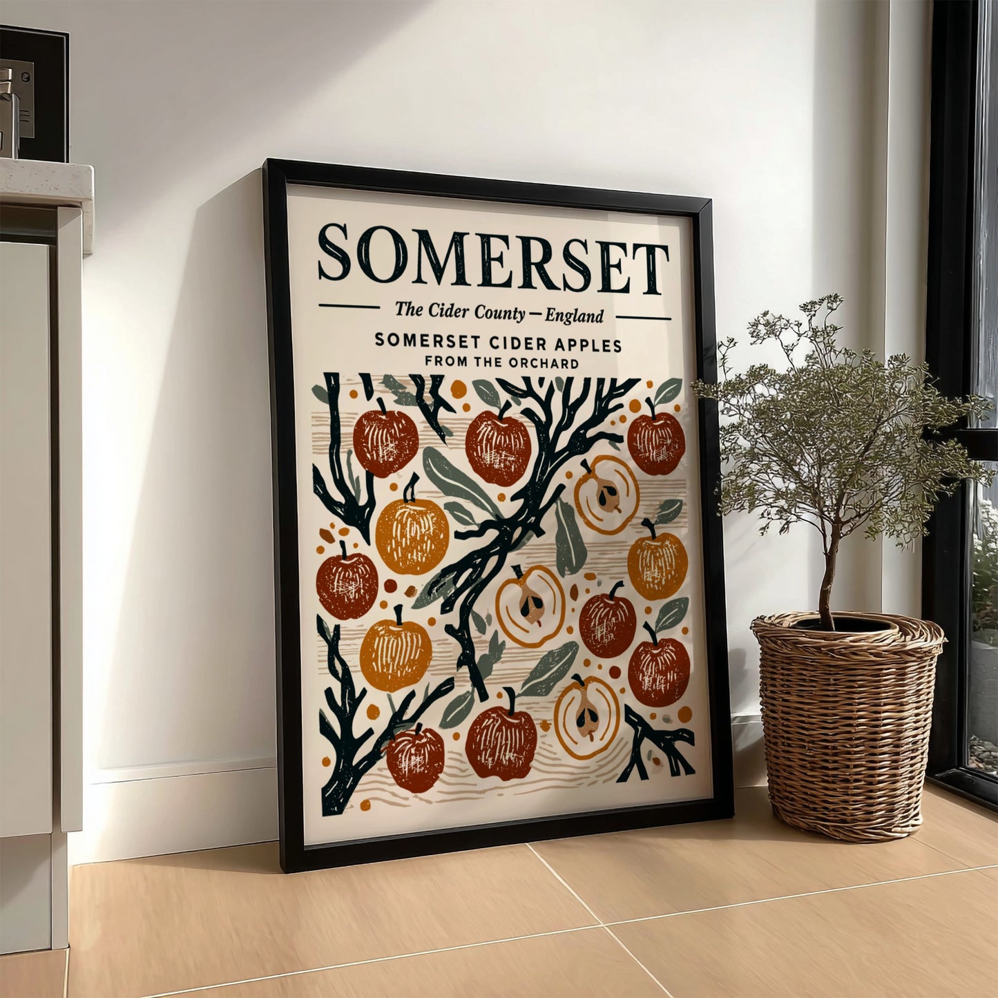 Kitchen poster featuring Somerset cider apples in warm colors, vintage style, and orchard theme.
