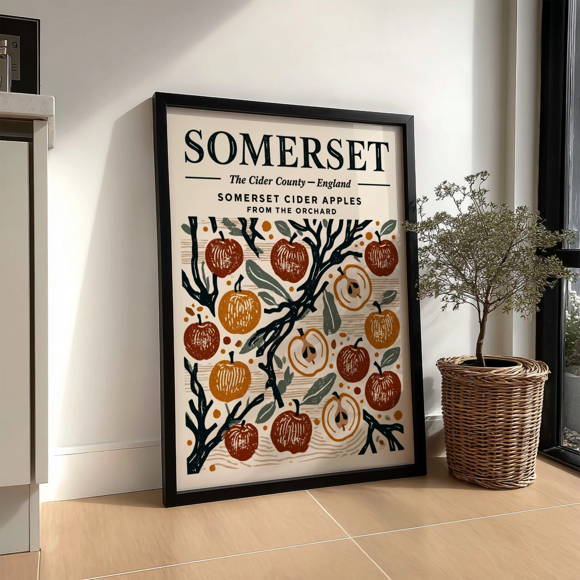Kitchen poster featuring Somerset cider apples in warm colors, vintage style, and orchard theme.