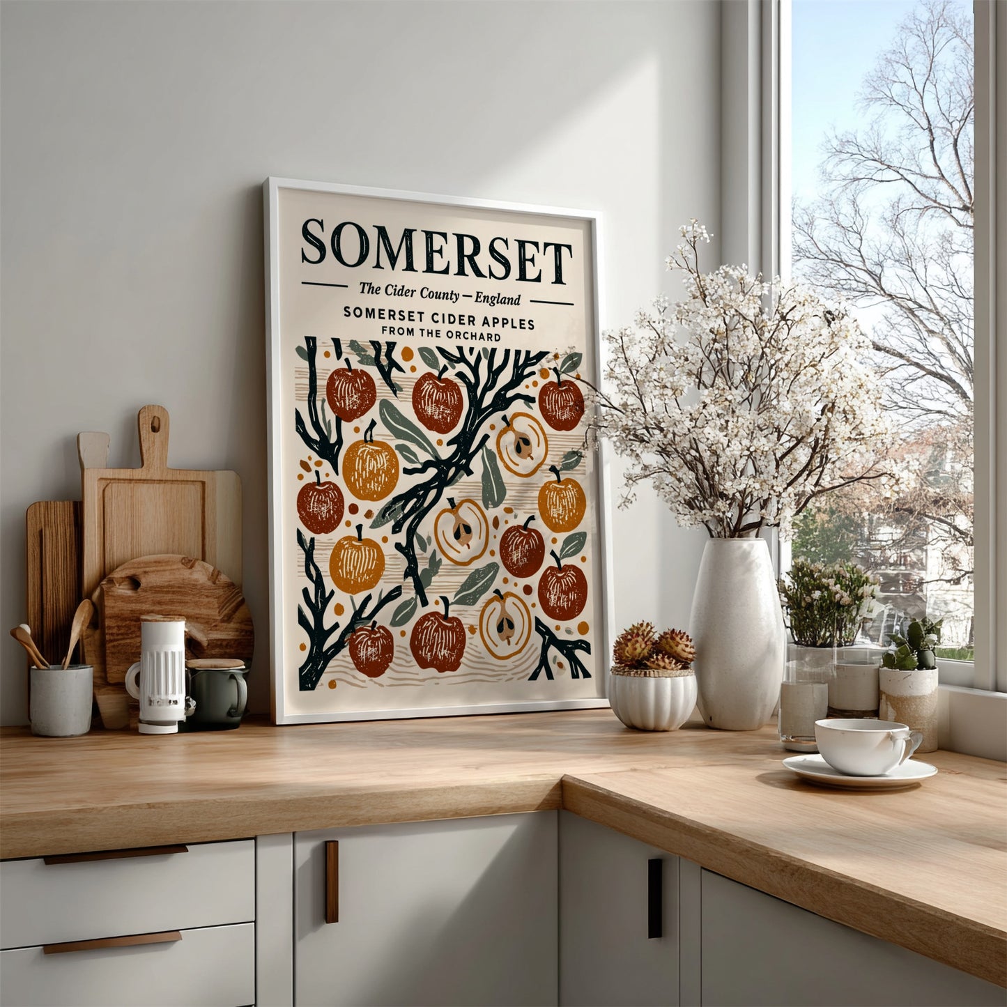 Kitchen poster featuring Somerset cider apples in warm colors, vintage style, and orchard theme.
