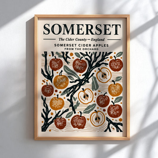 Kitchen poster featuring Somerset cider apples in warm colors, vintage style, and orchard theme.