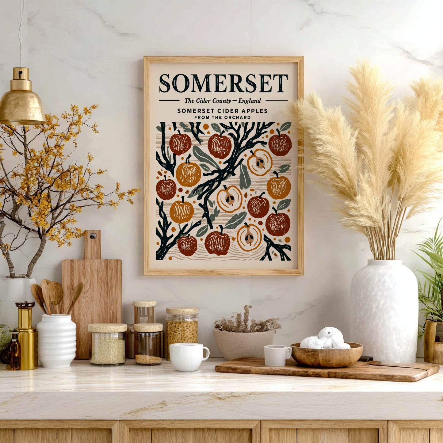 Kitchen poster featuring Somerset cider apples in warm colors, vintage style, and orchard theme.