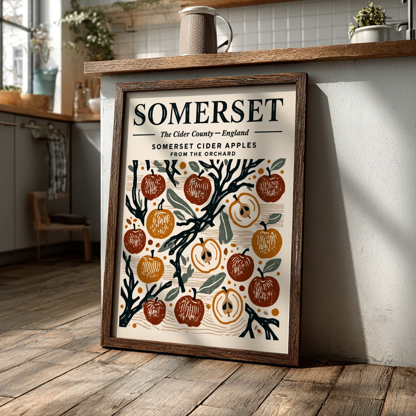 Kitchen poster featuring Somerset cider apples in warm colors, vintage style, and orchard theme.