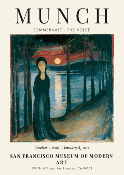 Edvard Munch poster depicting Sommernatt The Voice with deep blues and reds in expressionist style