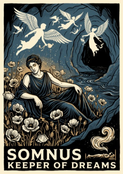 Poster featuring Somnus reclining in a field of poppies with winged spirits above.