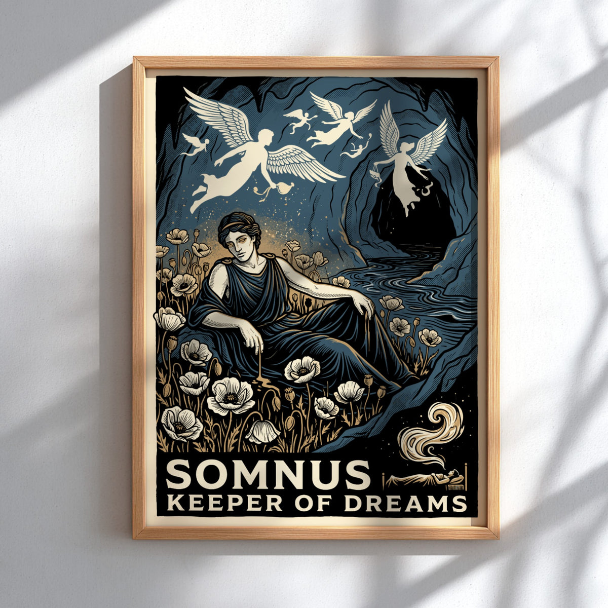 Poster featuring Somnus reclining in a field of poppies with winged spirits above.