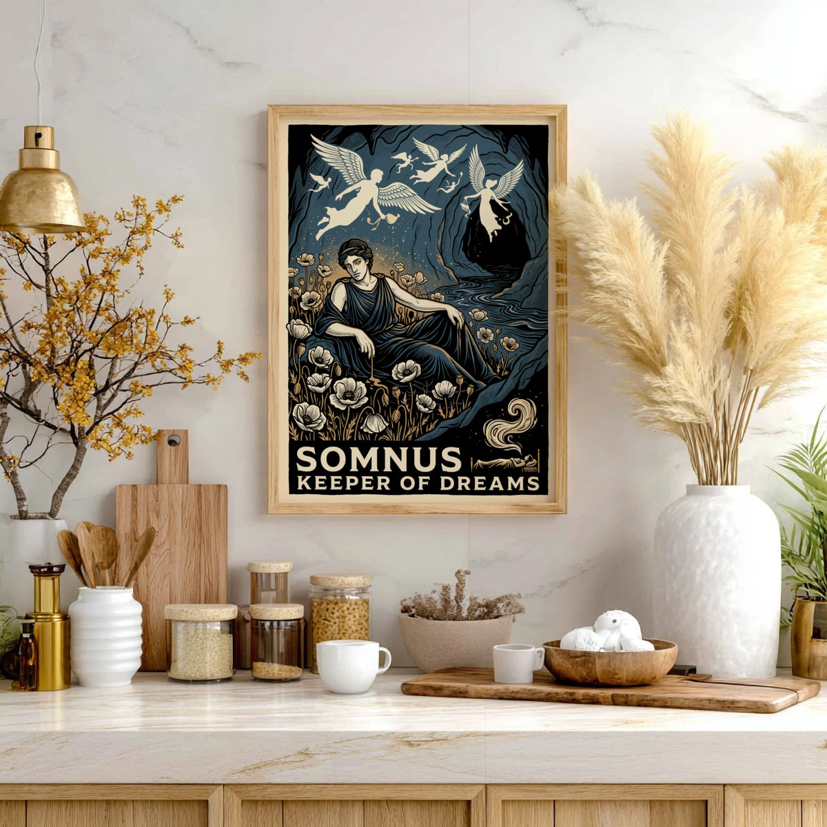 Poster featuring Somnus reclining in a field of poppies with winged spirits above.