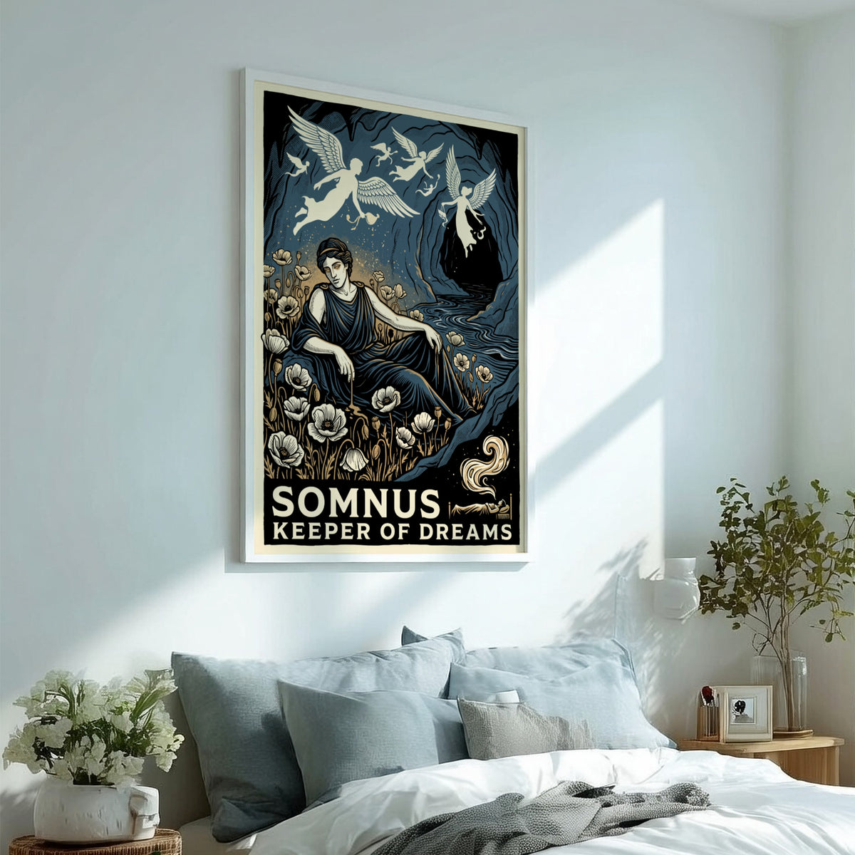 Poster featuring Somnus reclining in a field of poppies with winged spirits above.