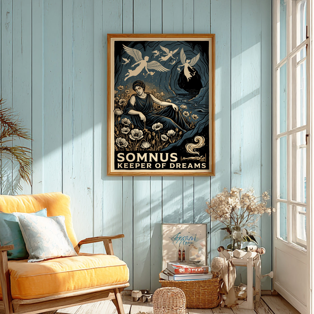 Poster featuring Somnus reclining in a field of poppies with winged spirits above.