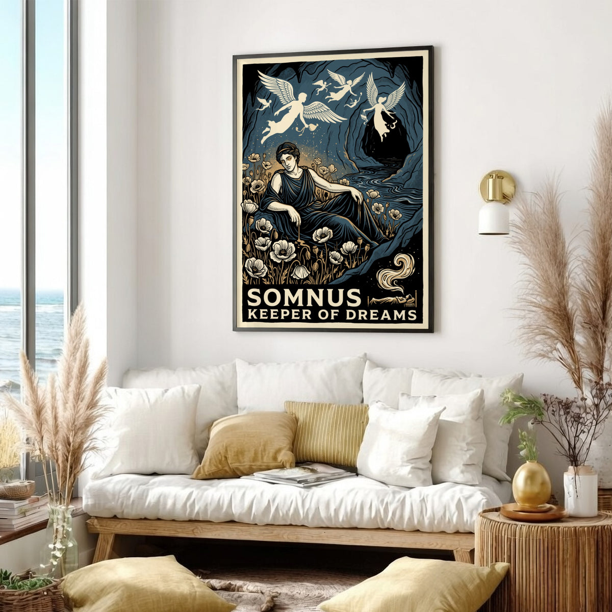 Poster featuring Somnus reclining in a field of poppies with winged spirits above.