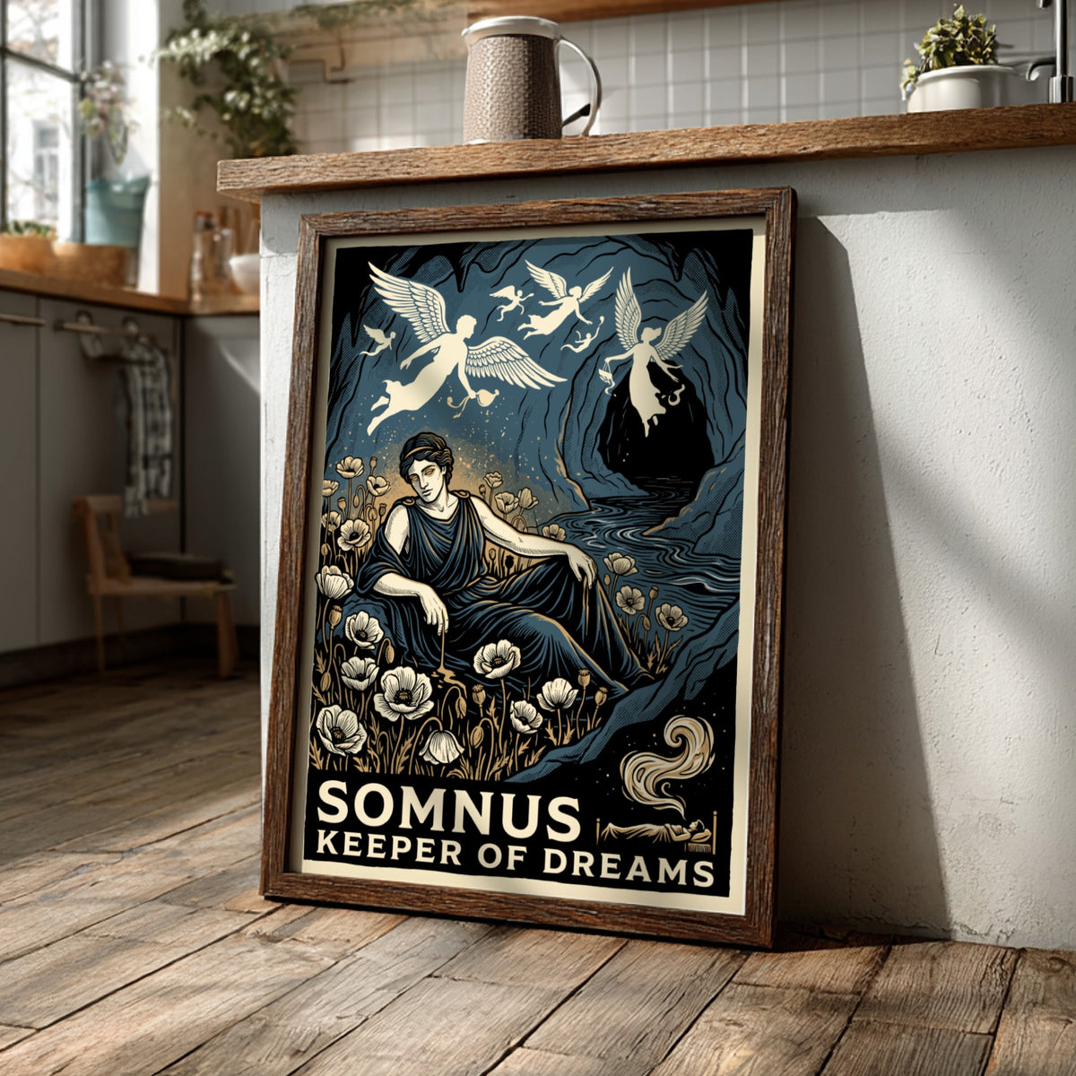 Poster featuring Somnus reclining in a field of poppies with winged spirits above.