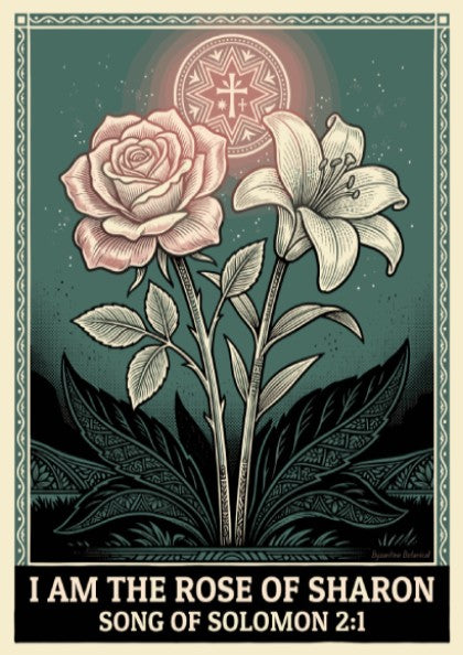 Rose of Sharon botanical poster featuring a pink rose and lily on teal.