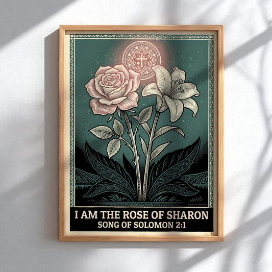 Rose of Sharon botanical poster featuring a pink rose and lily on teal.
