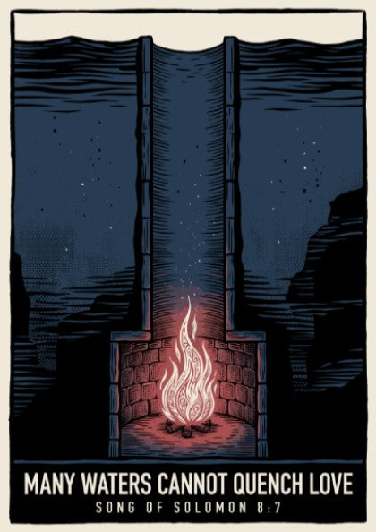 Poster displaying a glowing fire inside a stone structure surrounded by dark waters.