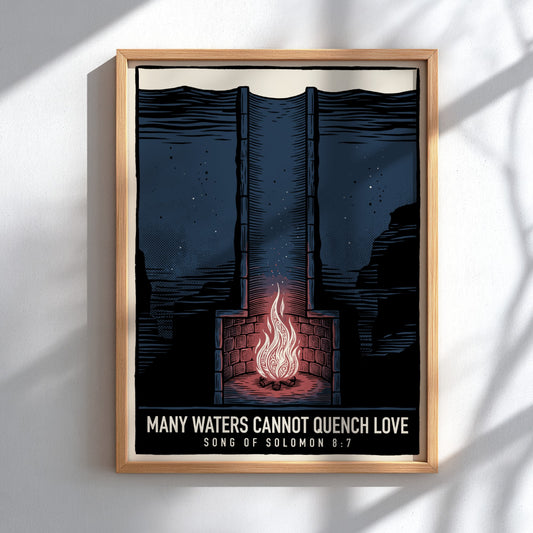 Poster displaying a glowing fire inside a stone structure surrounded by dark waters.