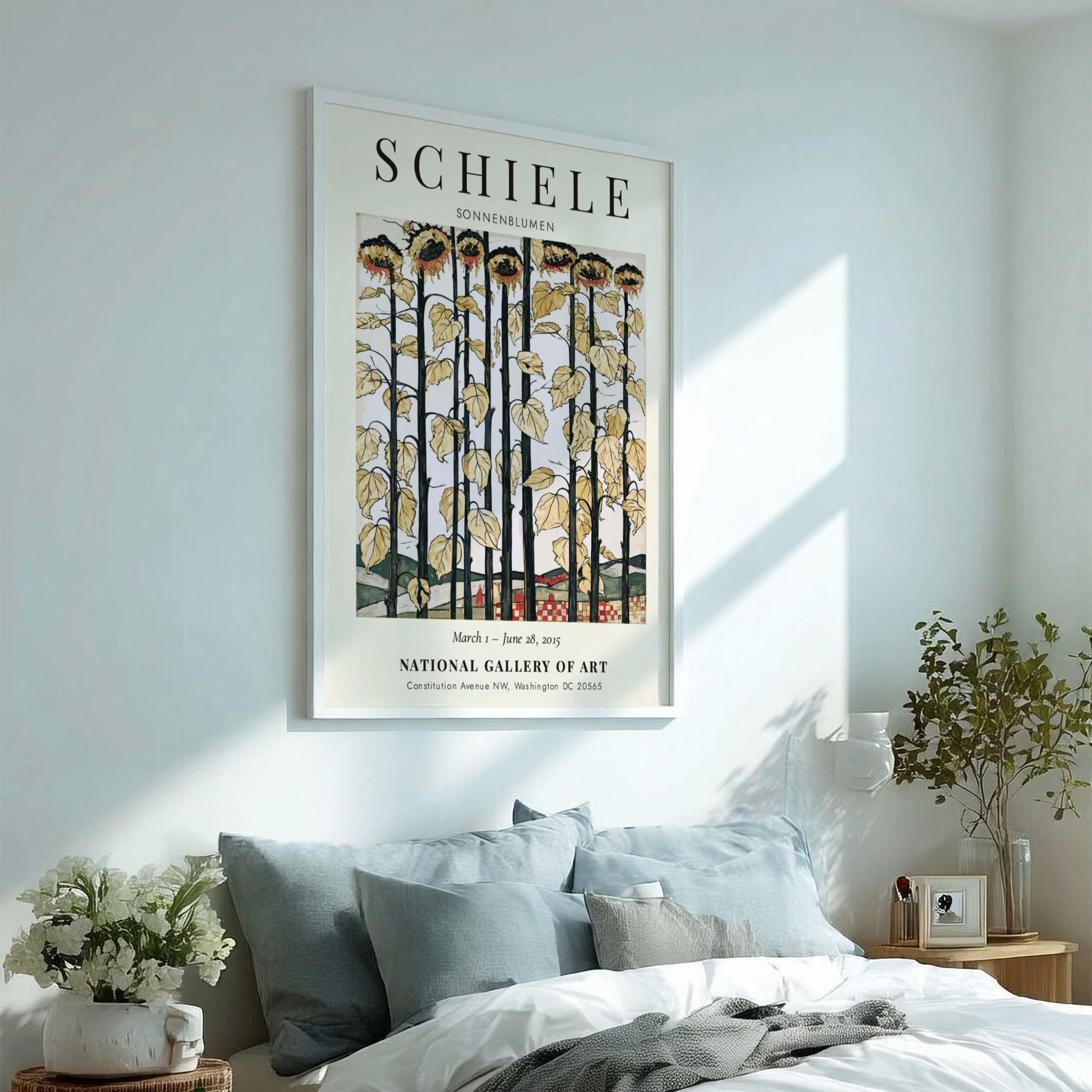 Egon Schiele exhibition poster featuring sunflowers in bold colors and expressionist style