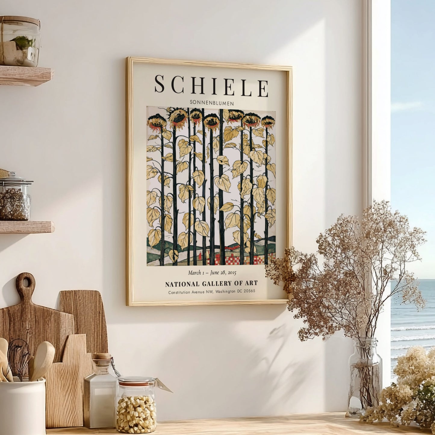 Egon Schiele exhibition poster featuring sunflowers in bold colors and expressionist style