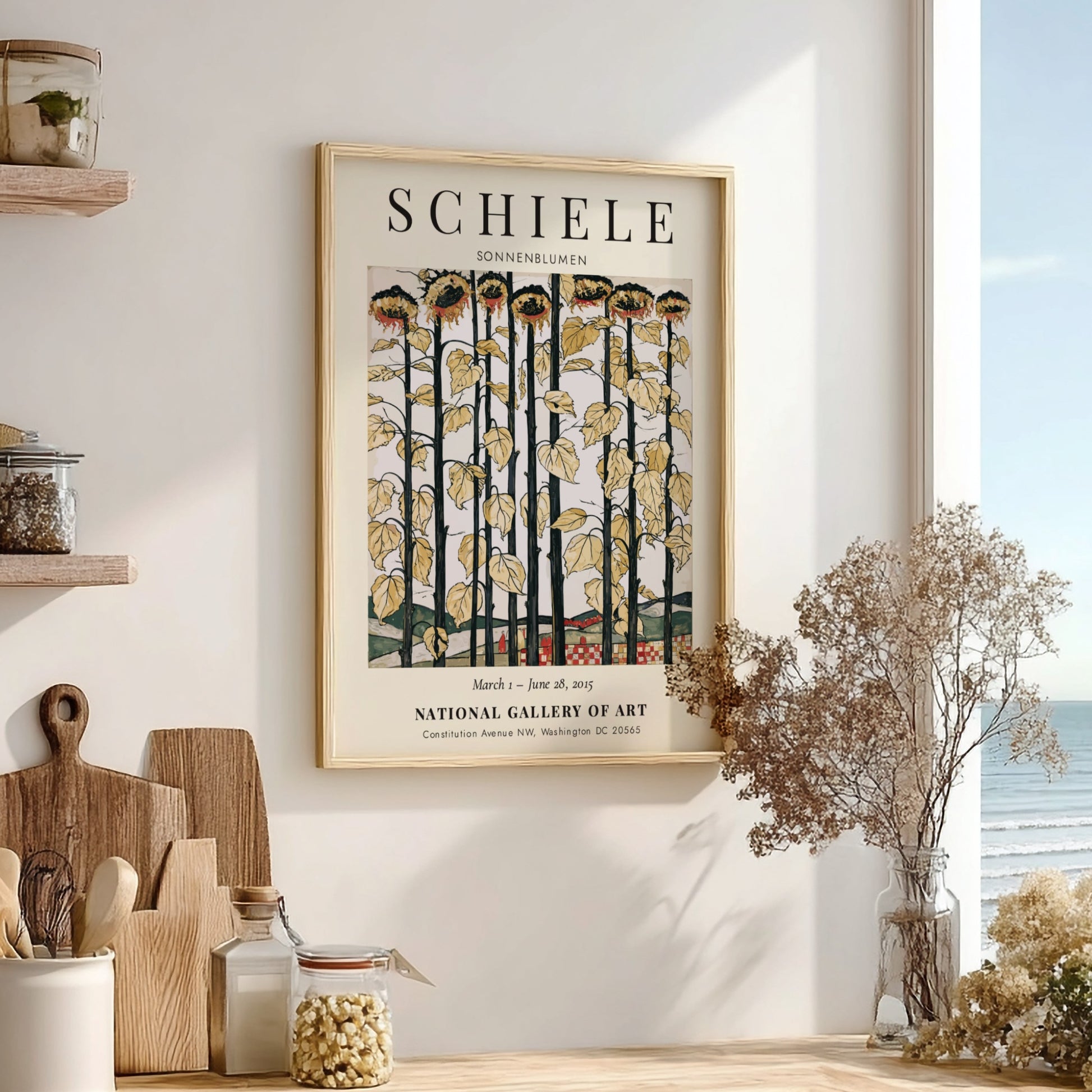 Egon Schiele exhibition poster featuring sunflowers in bold colors and expressionist style