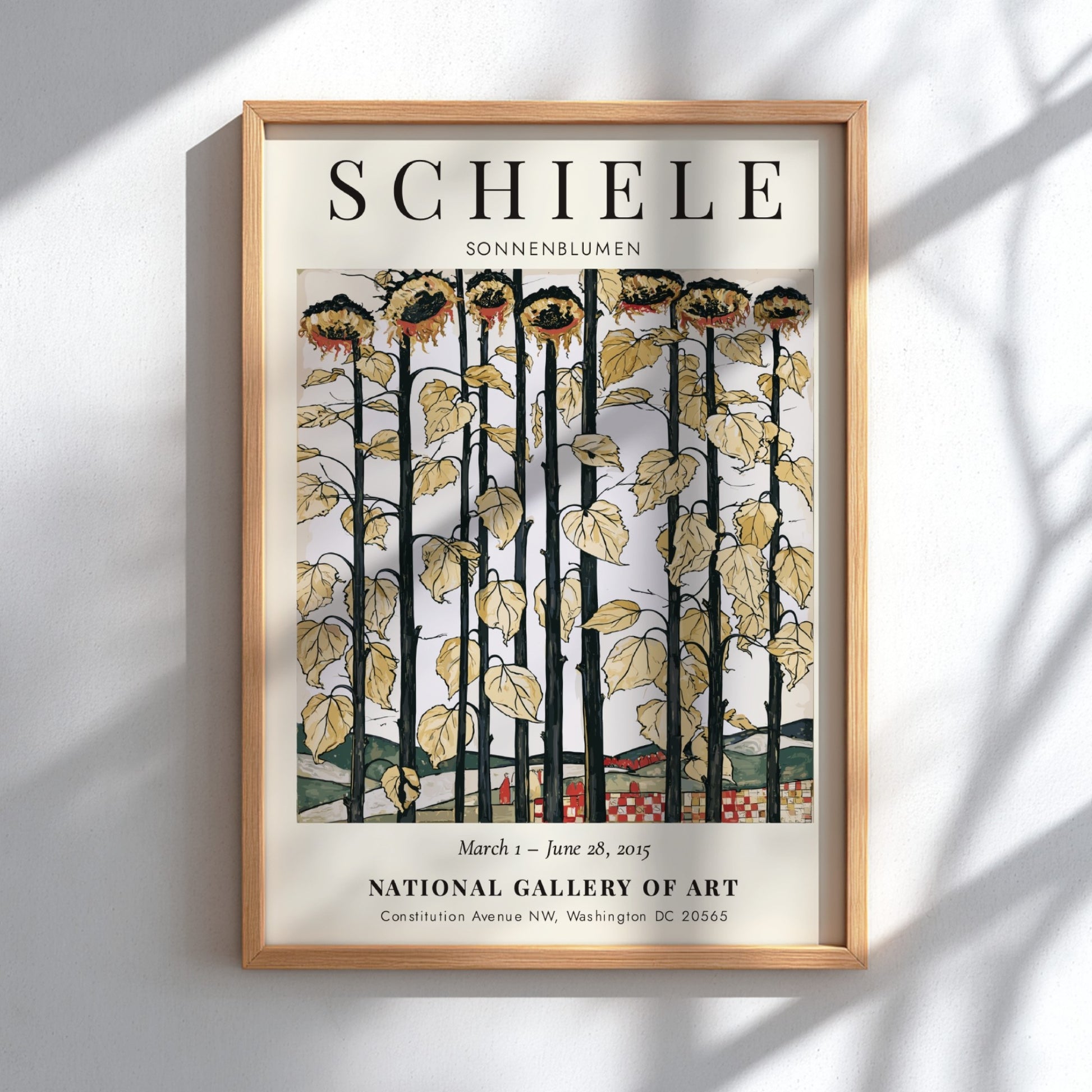 Egon Schiele exhibition poster featuring sunflowers in bold colors and expressionist style