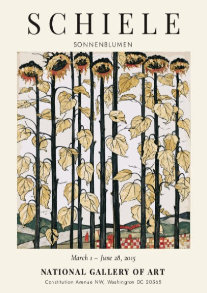 Egon Schiele exhibition poster featuring sunflowers in bold colors and expressionist style