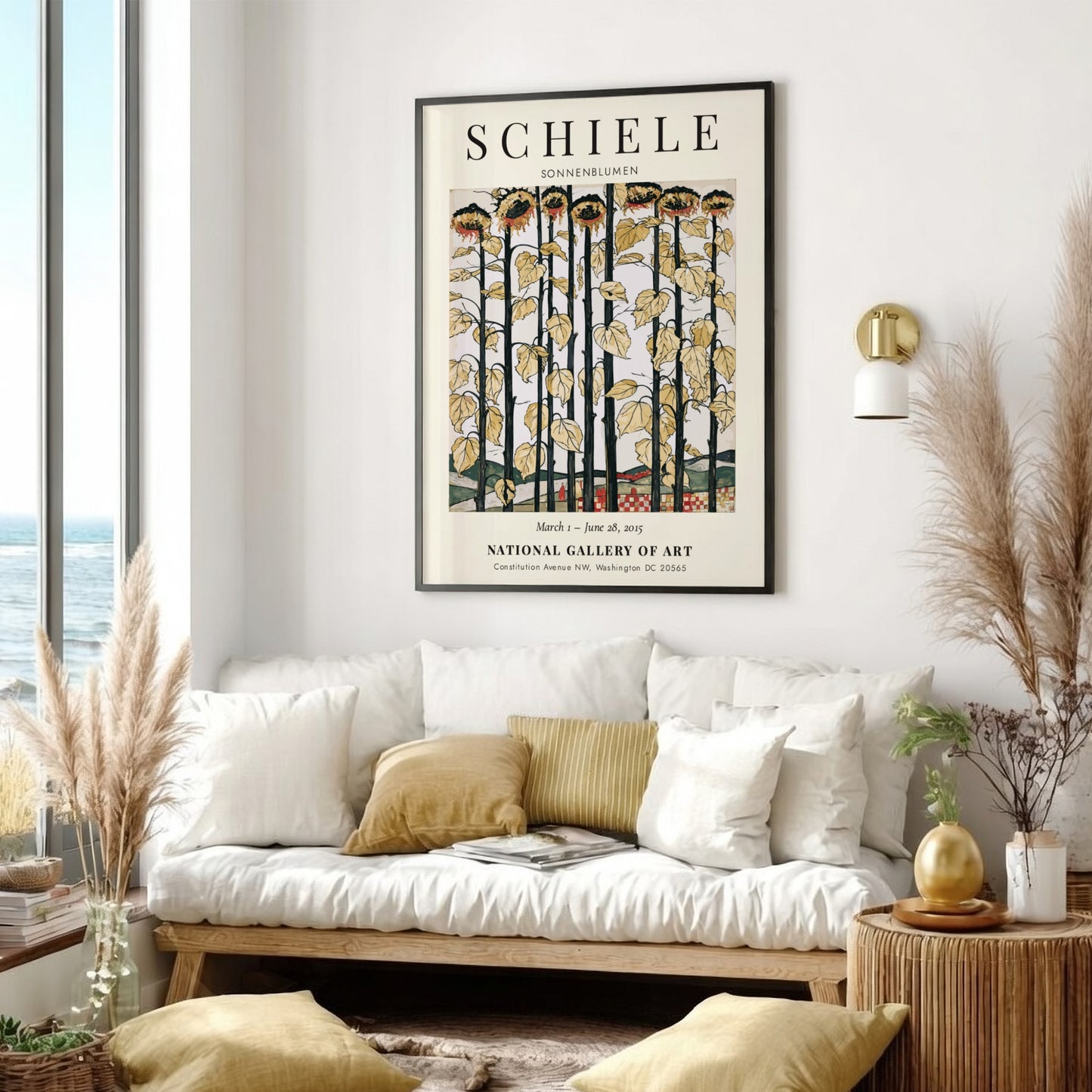 Egon Schiele exhibition poster featuring sunflowers in bold colors and expressionist style