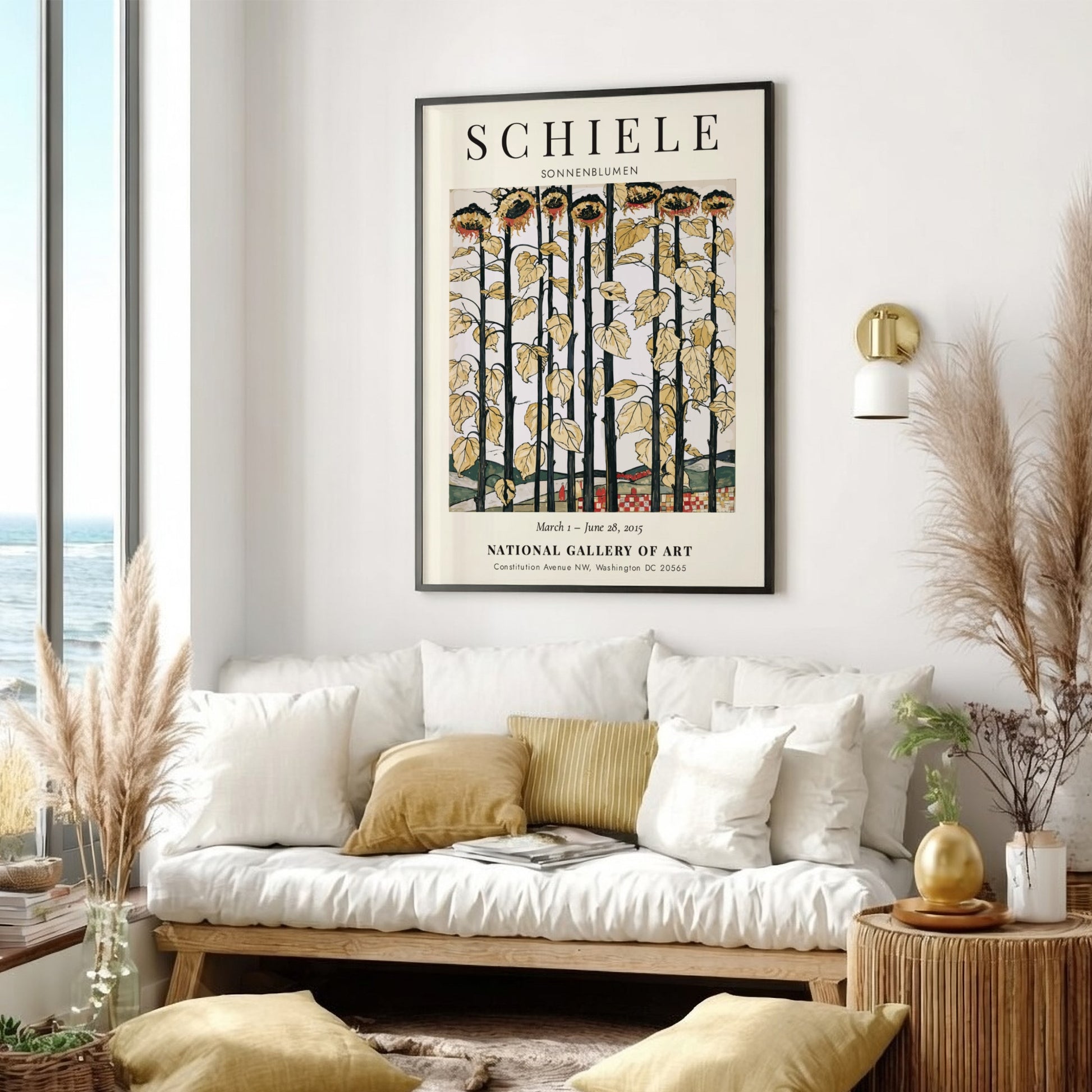 Egon Schiele exhibition poster featuring sunflowers in bold colors and expressionist style